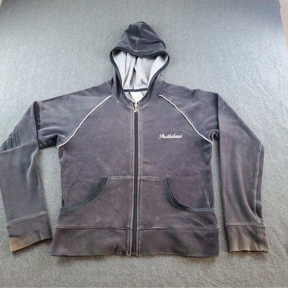 Vintage Adidas Velour Track Hoodie Jacket Women Size Medium Black Y2K